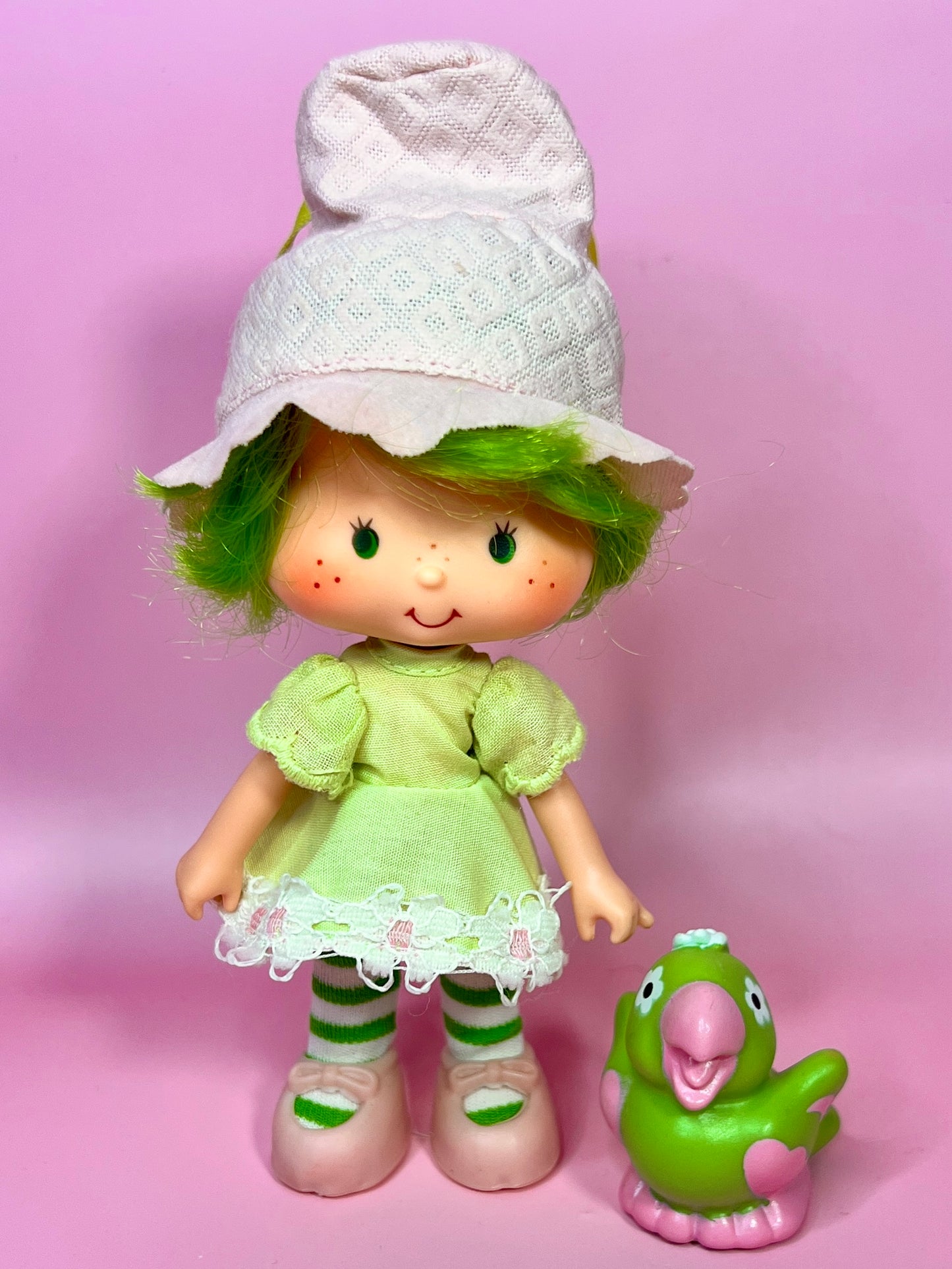 Vintage Lime Chiffon doll with pet Pafait Parrot from the 1980s Strawberry Shortcake Series