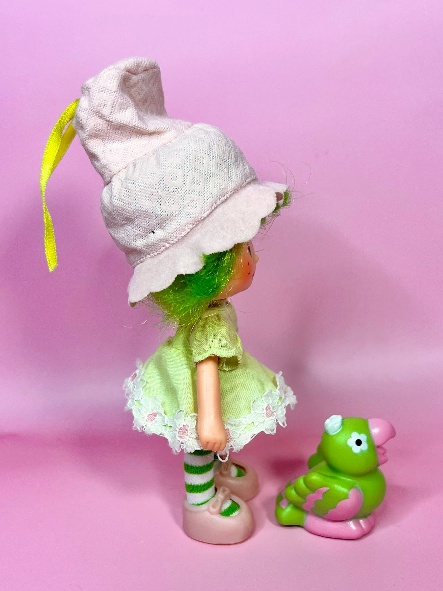 Vintage Lime Chiffon doll with pet Pafait Parrot from the 1980s Strawberry Shortcake Series