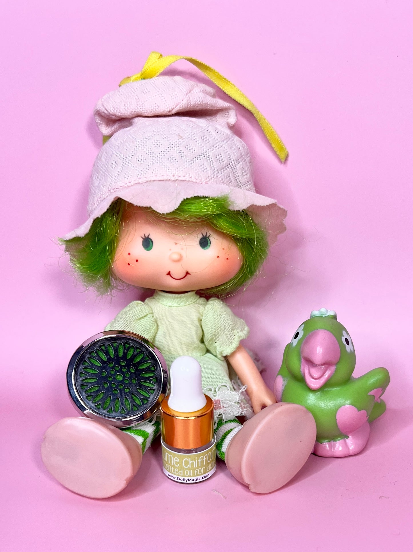 Vintage Lime Chiffon doll with pet Pafait Parrot from the 1980s Strawberry Shortcake Series
