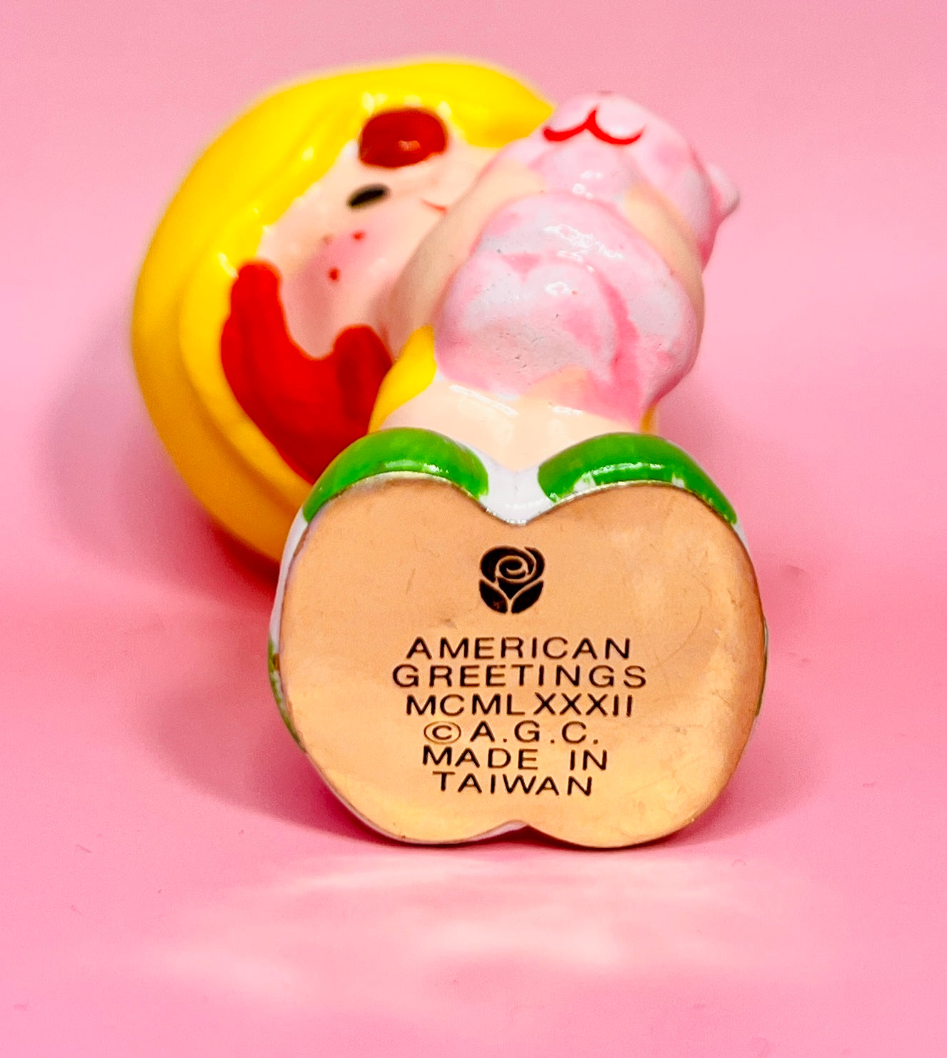 1982 Vintage Strawberry Shortcake Ceramic Christmas Ornament: Apple Dumpling & Custard the Cat