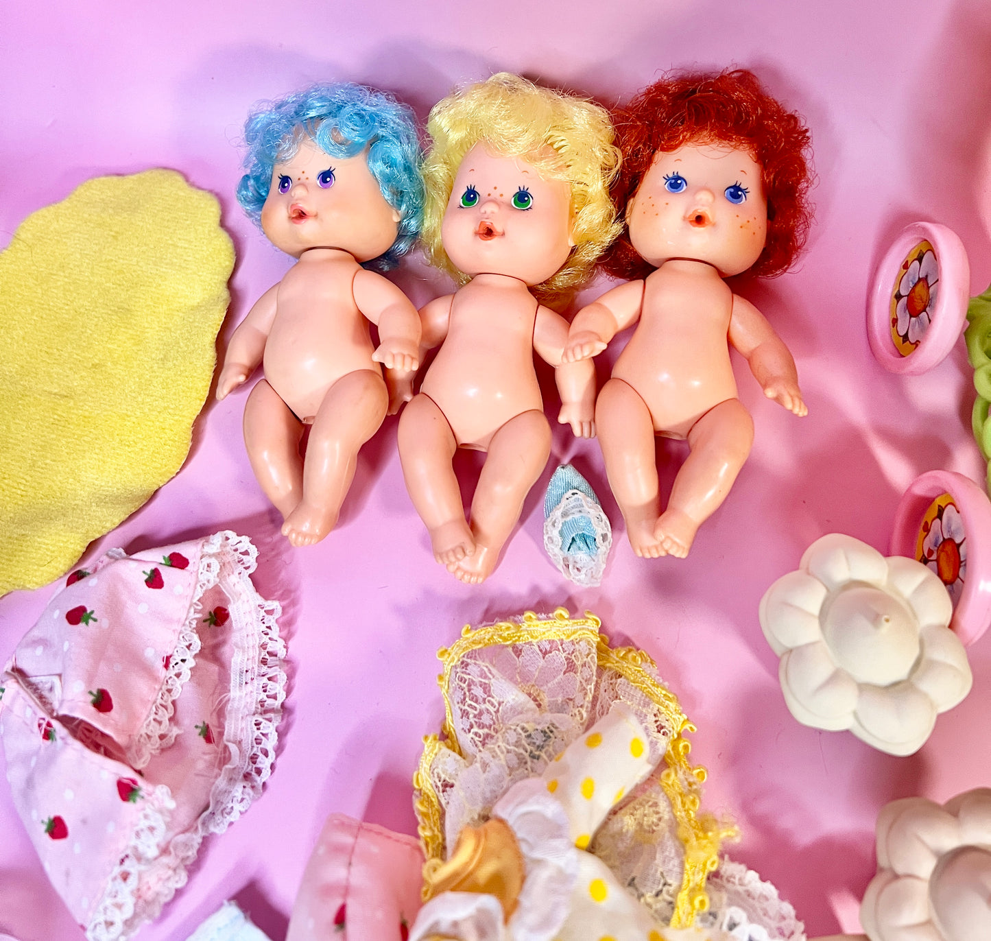 Vintage 1980s Strawberry Shortcake Baby Dolls Drink and Wet Set of 3 with Bottles and Carriage