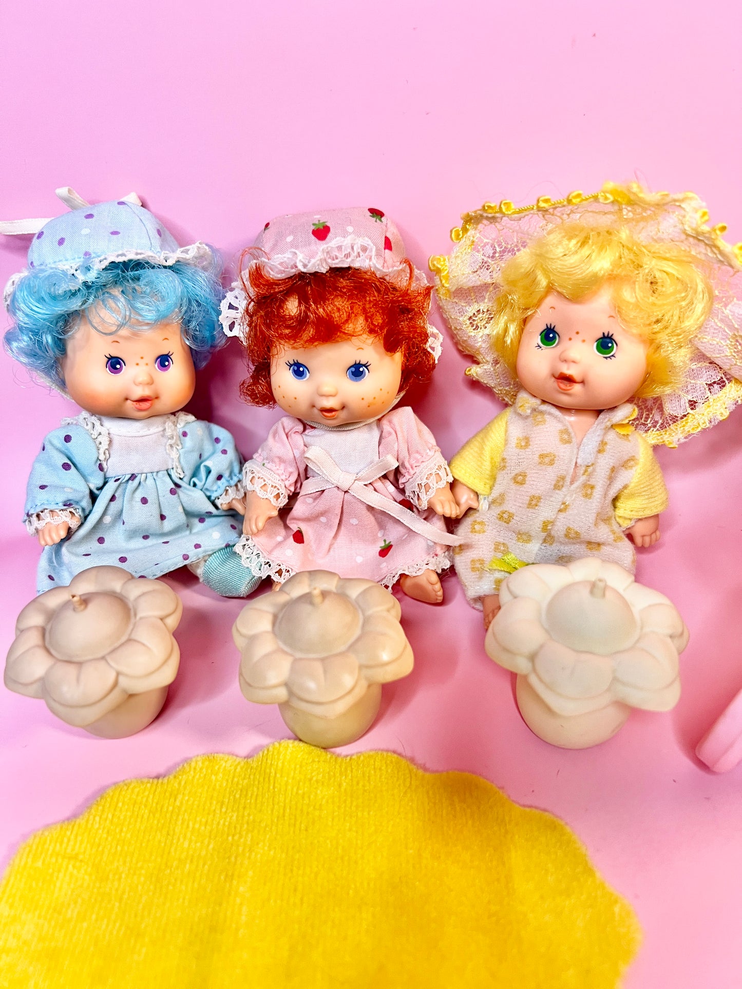 Vintage 1980s Strawberry Shortcake Baby Dolls Drink and Wet Set of 3 with Bottles and Carriage