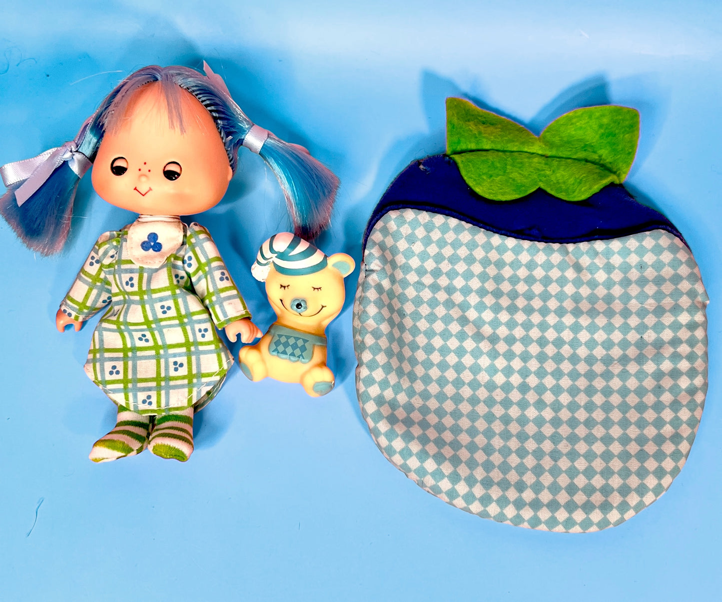 Vintage Blueberry Muffin Sweet Sleeper doll with pet Cheesecake Mouse and Sleeping Bag from the 1980s Strawberry Shortcake Series