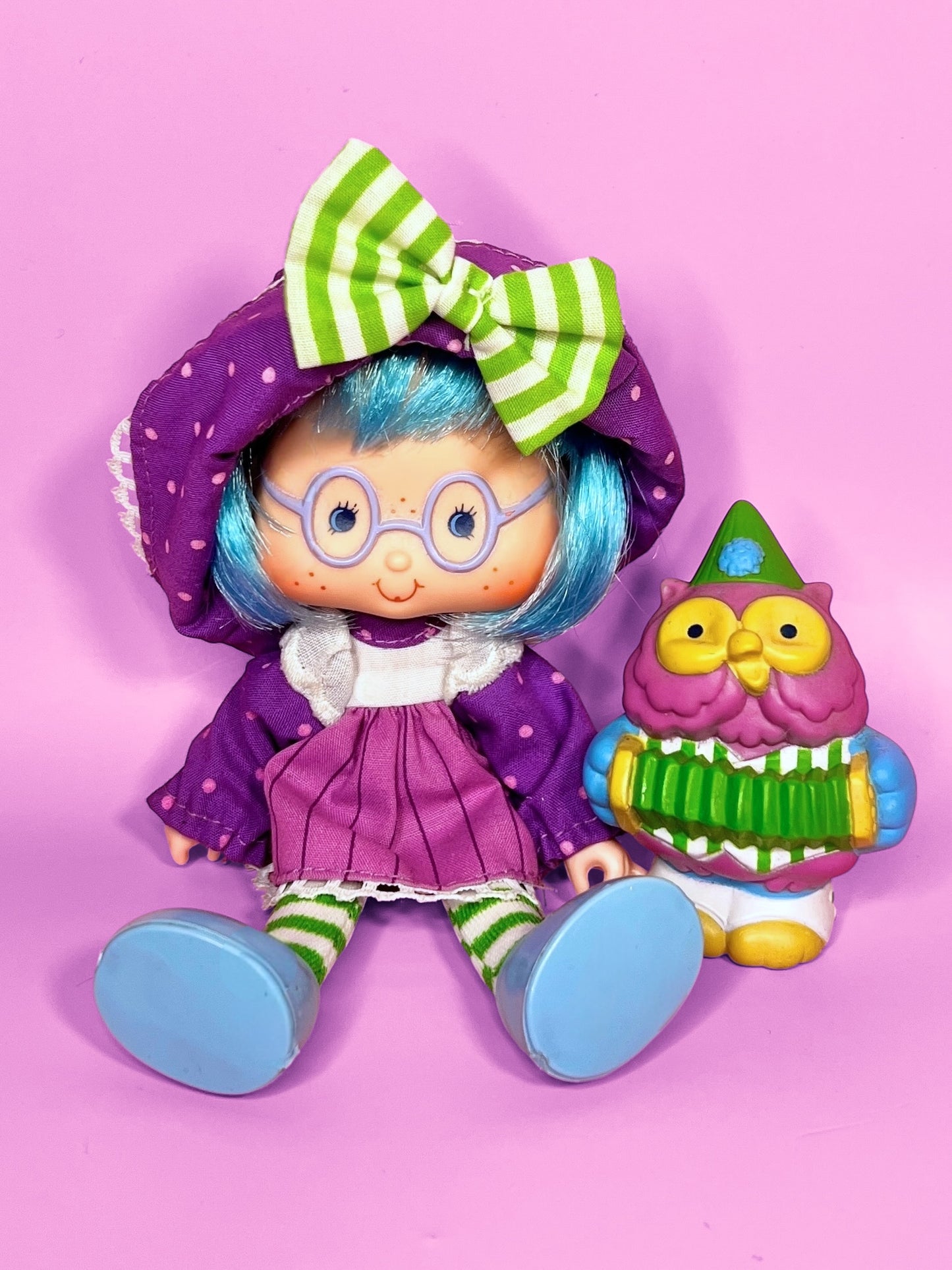Vintage Plum Pudding Doll with pet Elderberry Owl from the 1980s Strawberry Shortcake Series