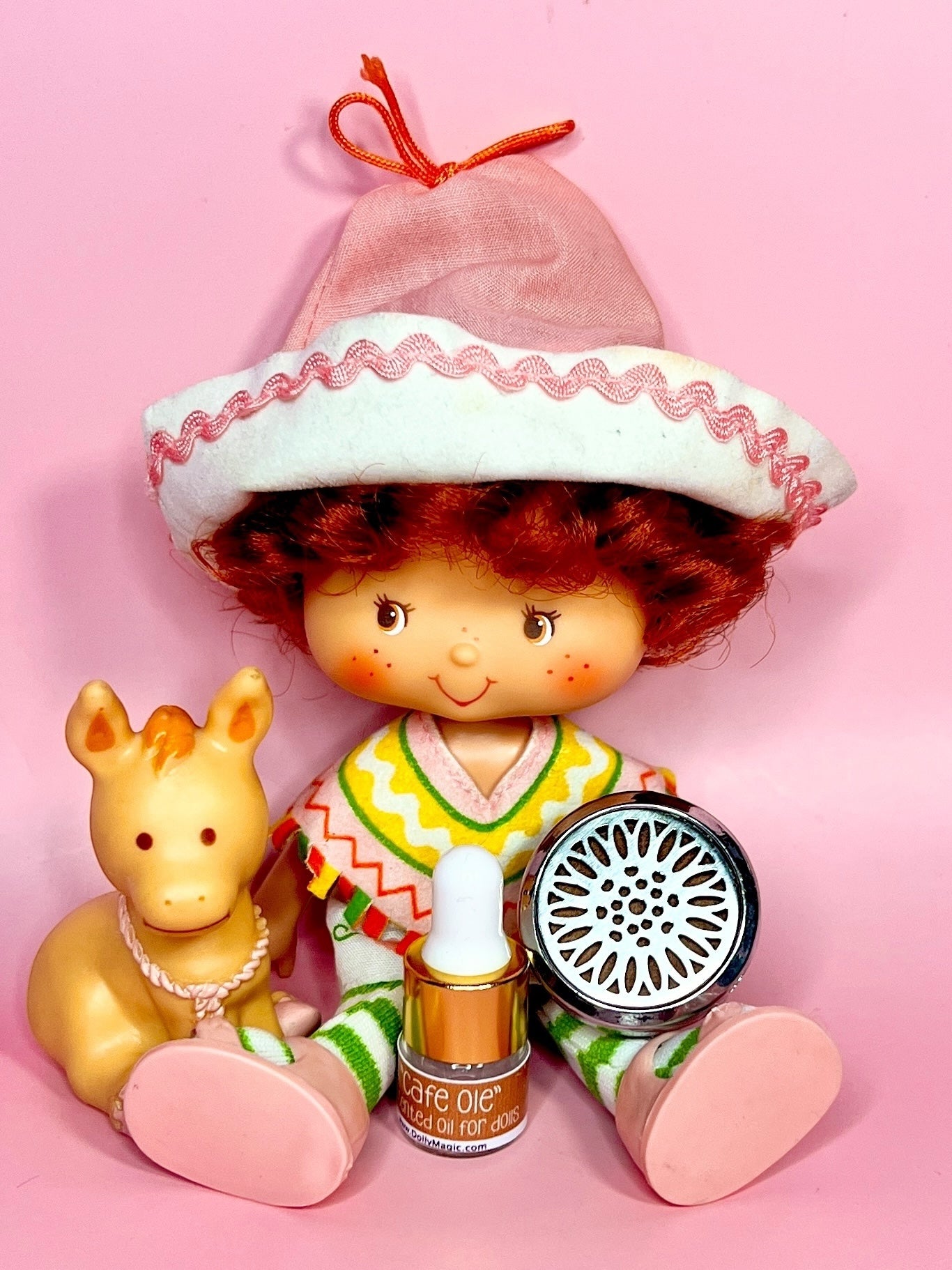 Vintage Cafe Ole doll with pet Burrito Donkey, from the 1980s Strawberry Shortcake Series