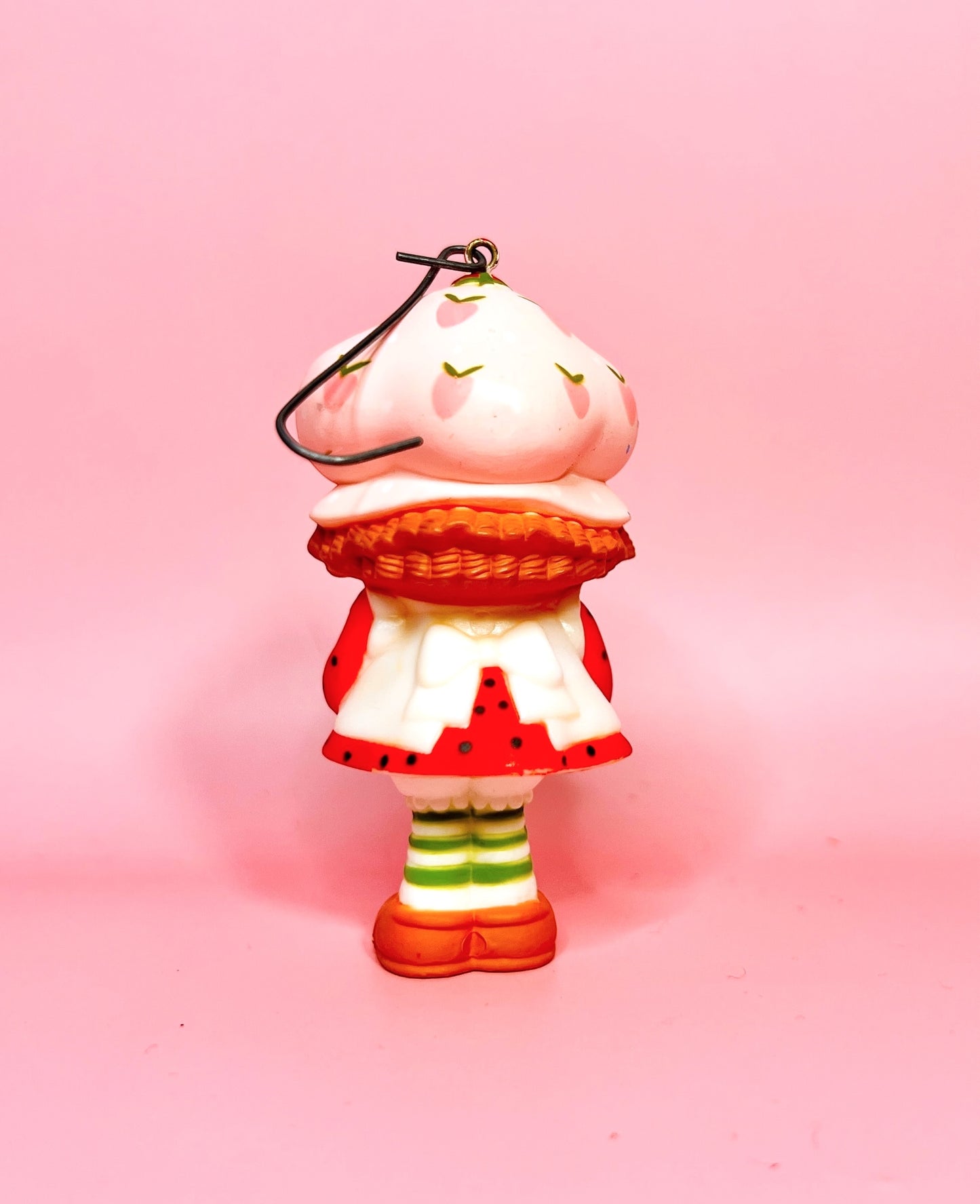 1980 Vintage Strawberry Shortcake Ceramic Christmas Ornament: Strawberry Herself with Green Present