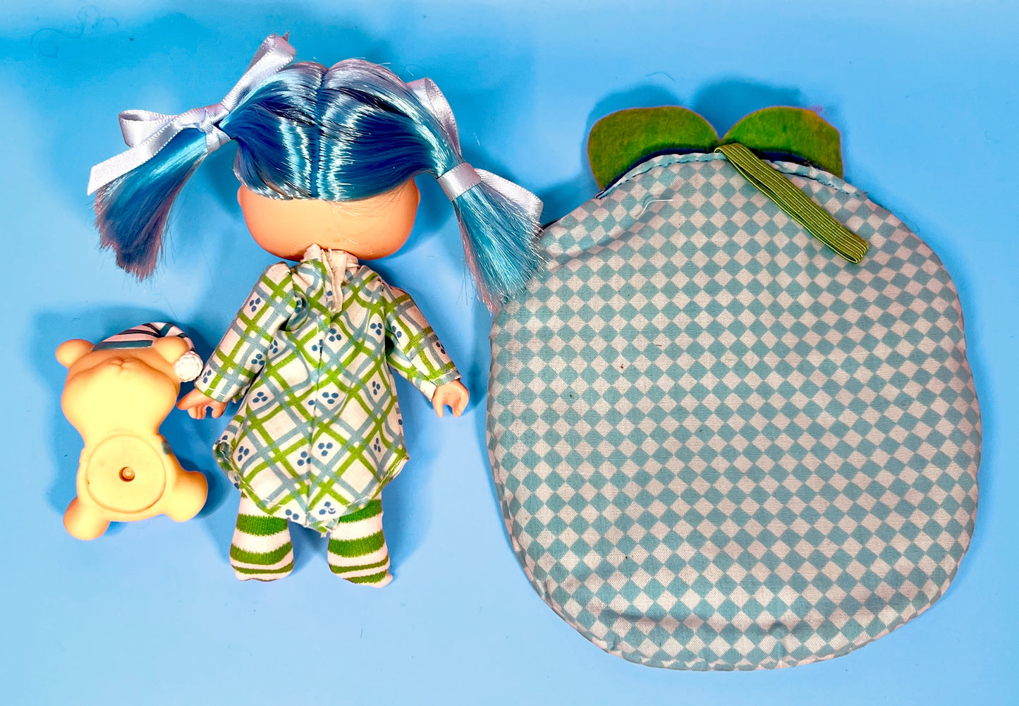 Vintage Blueberry Muffin Sweet Sleeper doll with pet Cheesecake Mouse and Sleeping Bag from the 1980s Strawberry Shortcake Series