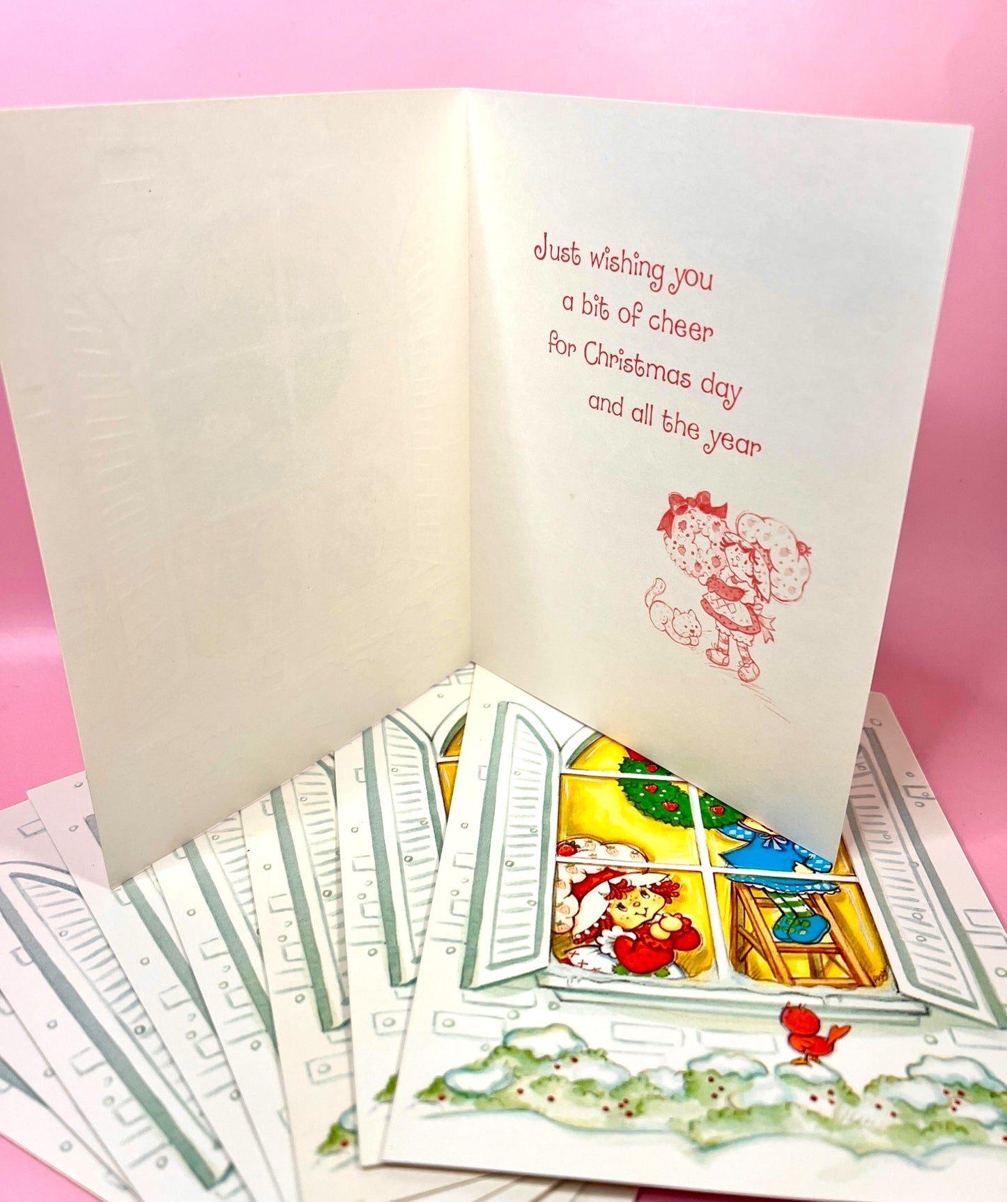 Set of 9 Vintage 1981 Strawberry Shortcake Unused Christmas Cards with Window Scene