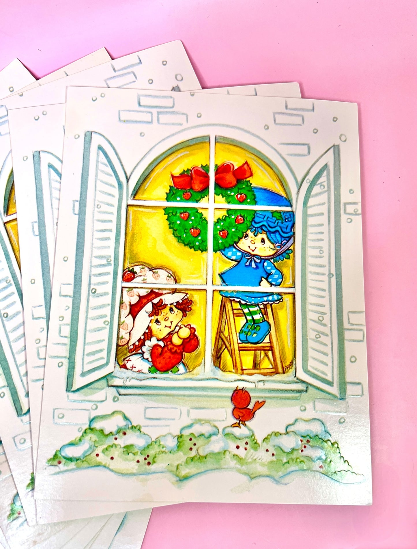 Set of 9 Vintage 1981 Strawberry Shortcake Unused Christmas Cards with Window Scene