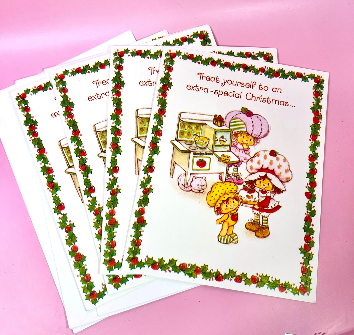Set of 4 Vintage 1980 Strawberry Shortcake Unused Christmas Cards with Baking Scene