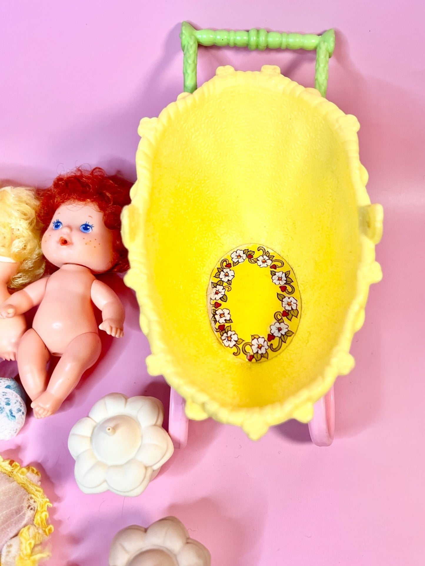 Vintage 1980s Strawberry Shortcake Baby Dolls Drink and Wet Set of 3 with Bottles and Carriage