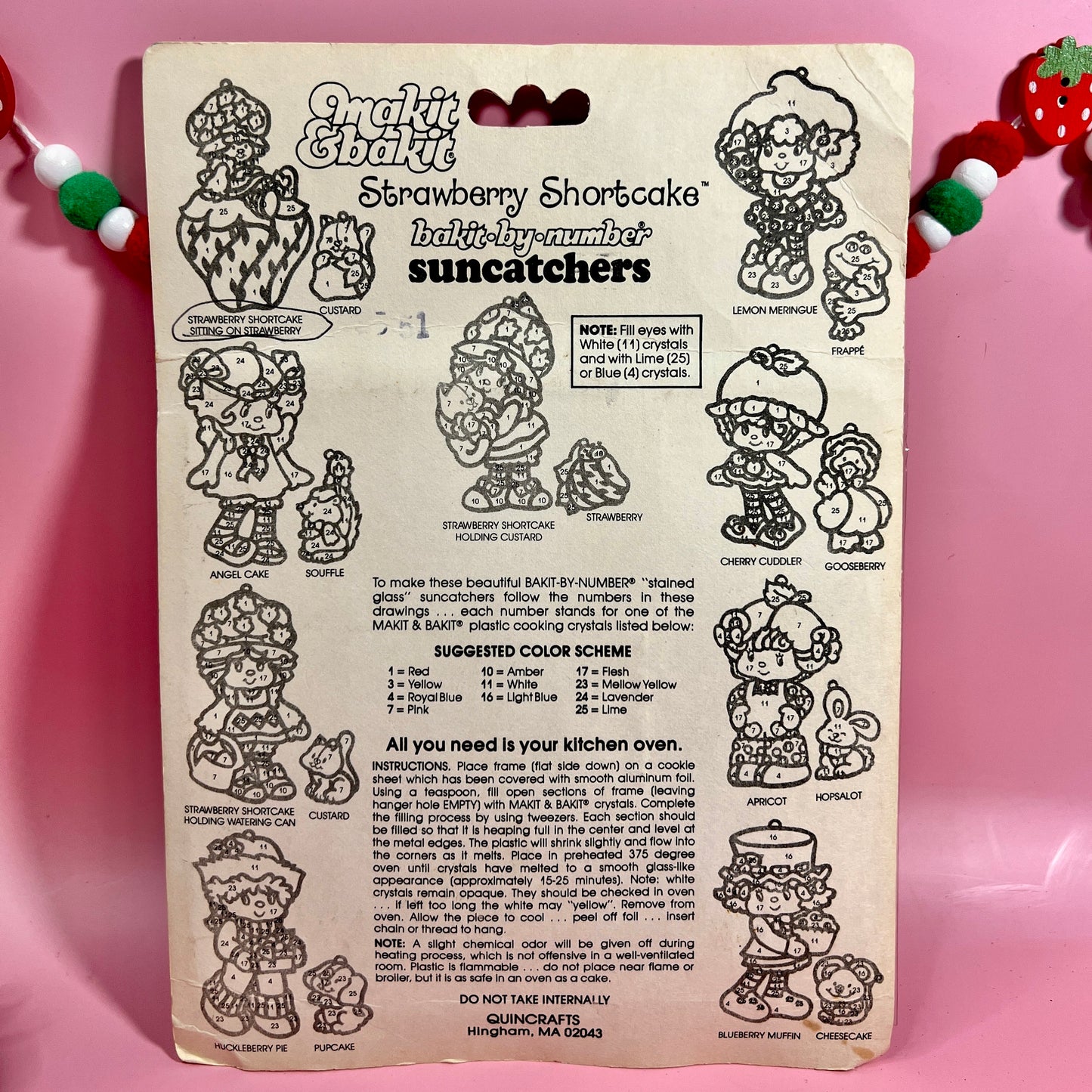 Vintage Strawberry Shortcake 1982 "Makit Bakit" Stained Glass Suncatcher Kit featuring Strawberry Herself & Custard! - Dolly Magic