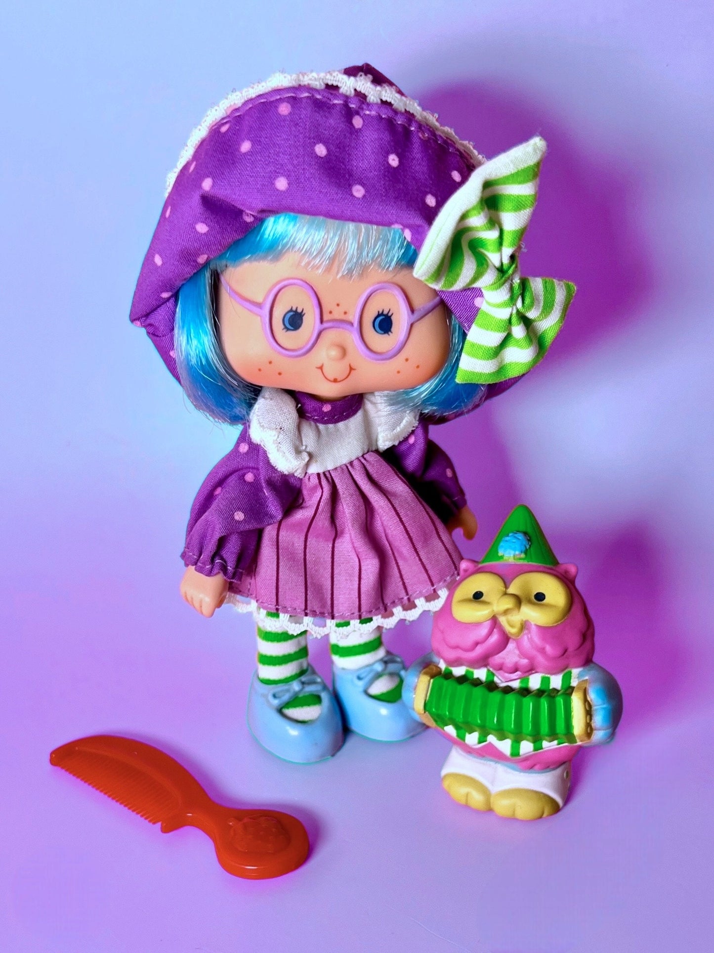 MINTY 1980s Plum Pudding Party Pleaser Doll with Pet Elderberry Owl from Strawberry Shortcake! Optional Scent and Gift Wrap!