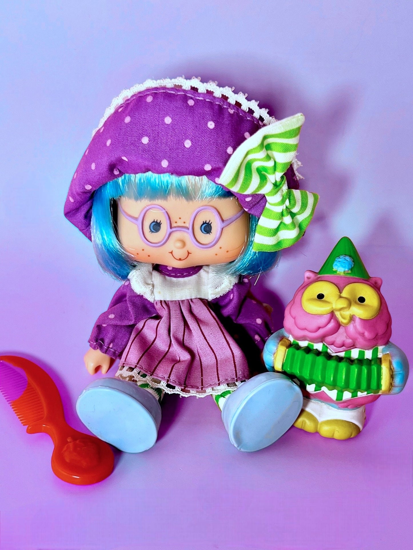 MINTY 1980s Plum Pudding Party Pleaser Doll with Pet Elderberry Owl from Strawberry Shortcake! Optional Scent and Gift Wrap!