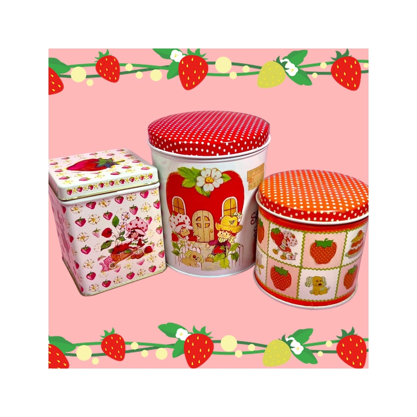 Vintage 1980s Strawberry Shortcake Tin Canister Set including RARE Square Canister