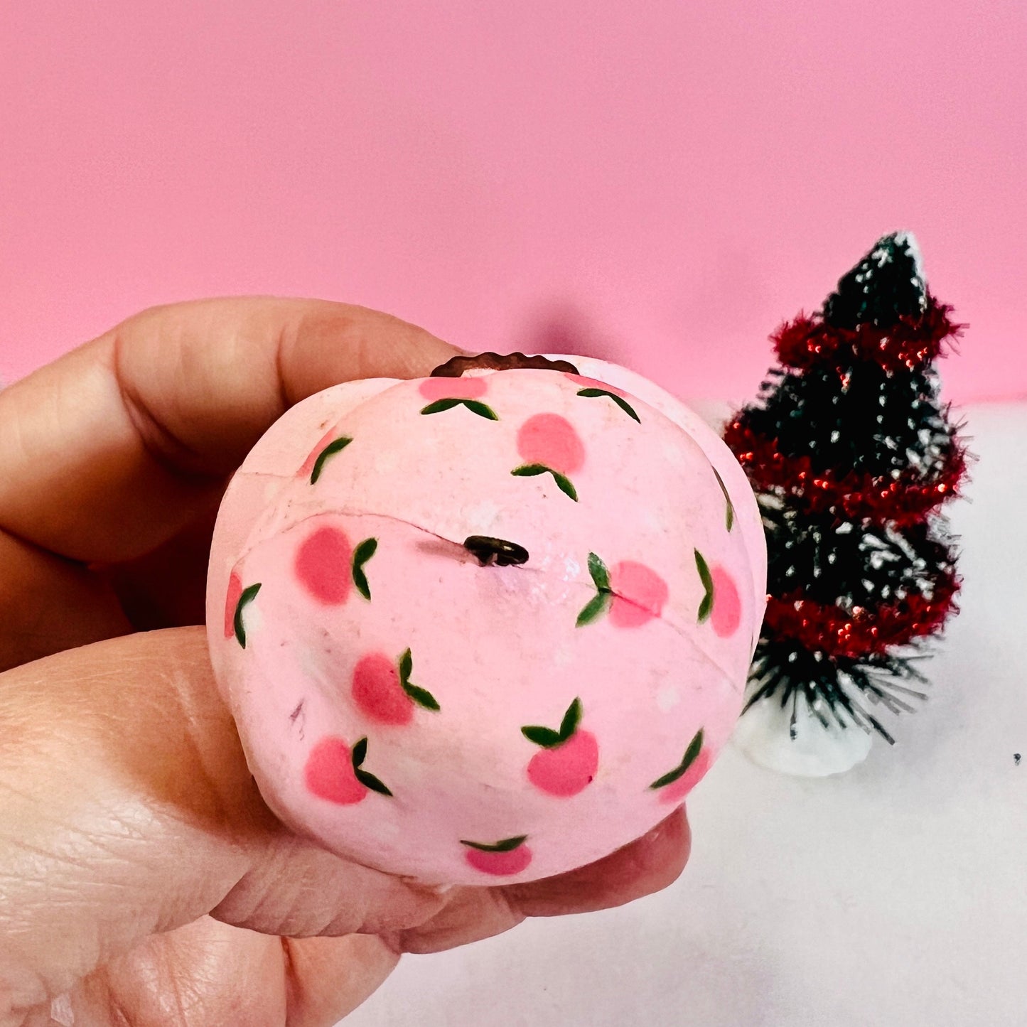 1982 Vintage Strawberry Shortcake Ceramic Christmas Ornament: Strawberry Herself with Candy Cane sitting on a Strawberry! - Dolly Magic