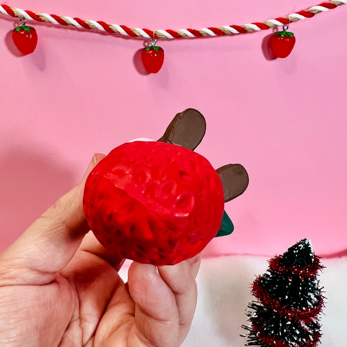 1982 Vintage Strawberry Shortcake Ceramic Christmas Ornament: Strawberry Herself with Candy Cane sitting on a Strawberry! - Dolly Magic
