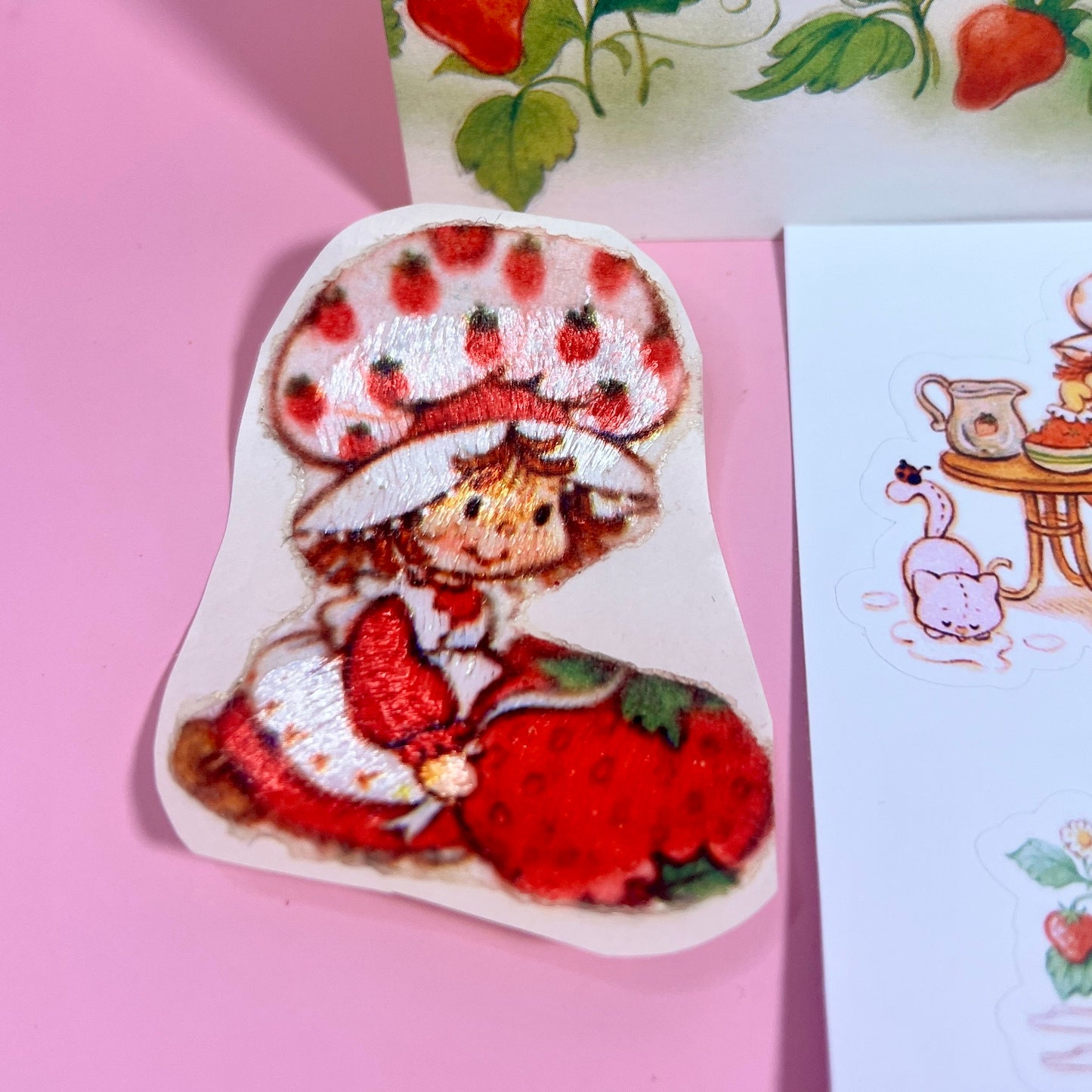 Vintage Strawberry Shortcake Stick On Patch & Stickers with Matching Vintage Card: Strawberry with Big Berry - Dolly Magic