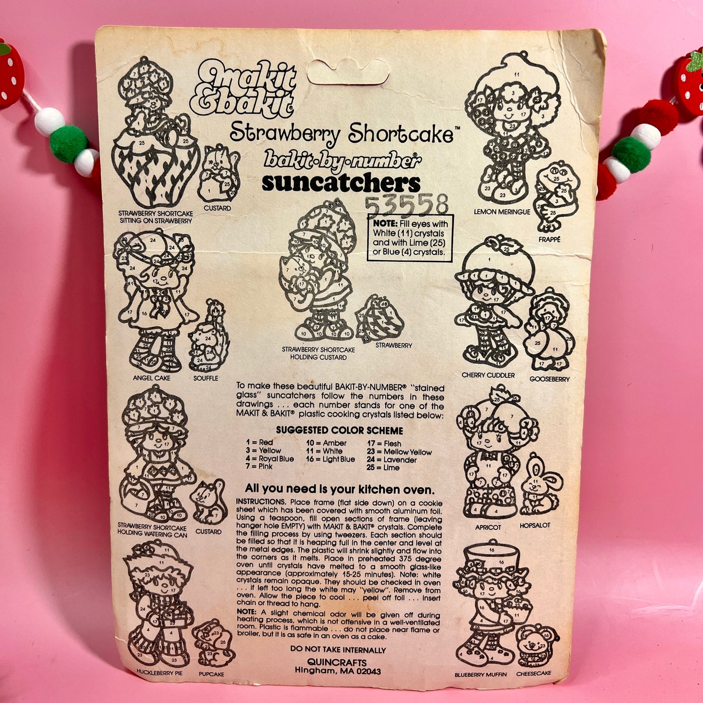 Vintage Strawberry Shortcake 1982 "Makit Bakit" Stained Glass Suncatcher Kit featuring Cherry Cuddler & Gooseberry - Dolly Magic