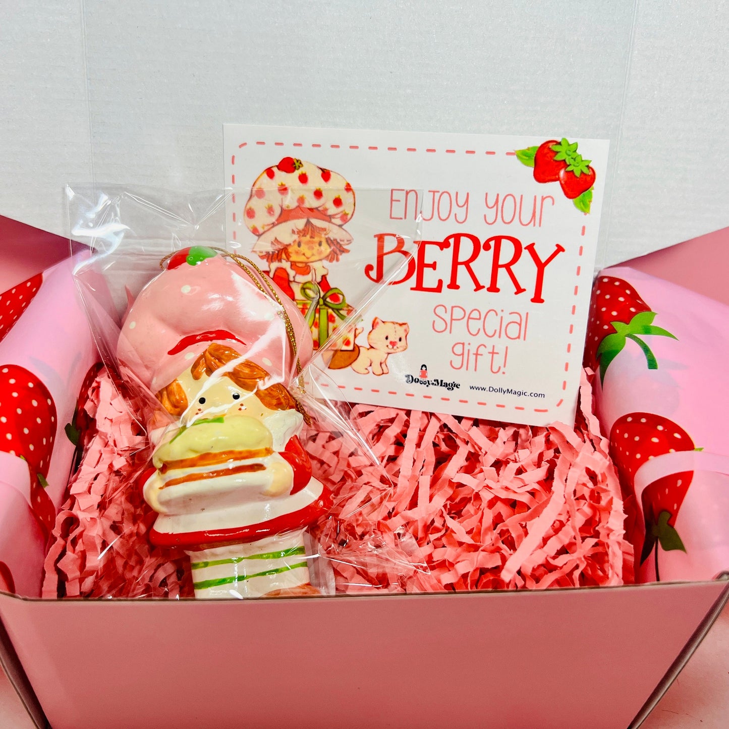 RARE 1982 Vintage Strawberry Shortcake Ceramic Christmas Ornament - Strawberry Herself with a Christmas Cake - Dolly Magic