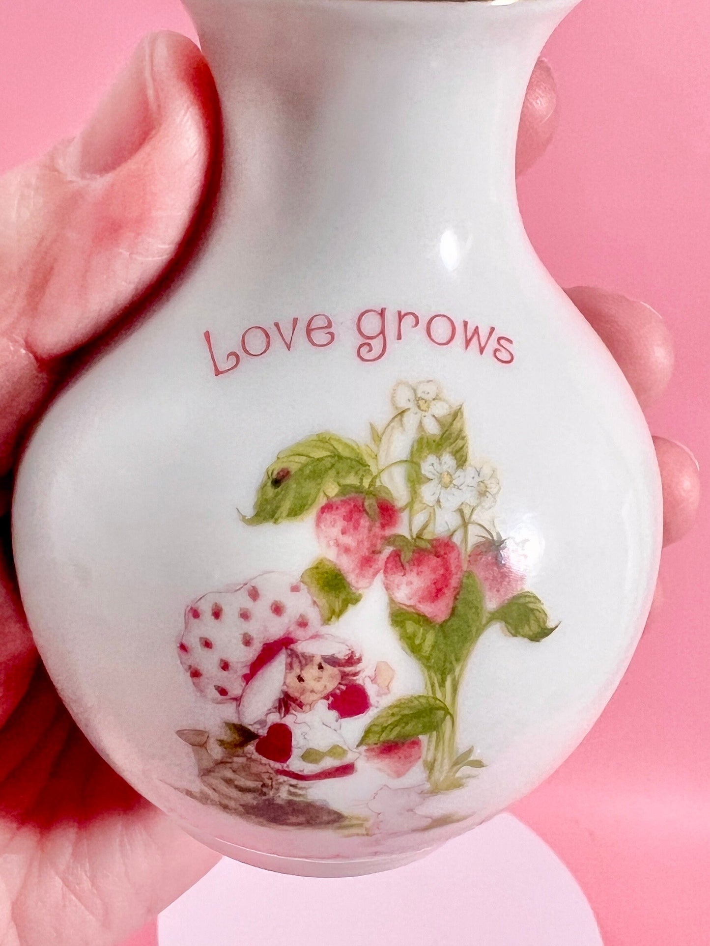 1980 Strawberry Shortcake Fine Porcelain Designer's Collection: Small Vase "Love Grows in Sweet Hearts" Vintage Valentines Collectors Gift - Dolly Magic