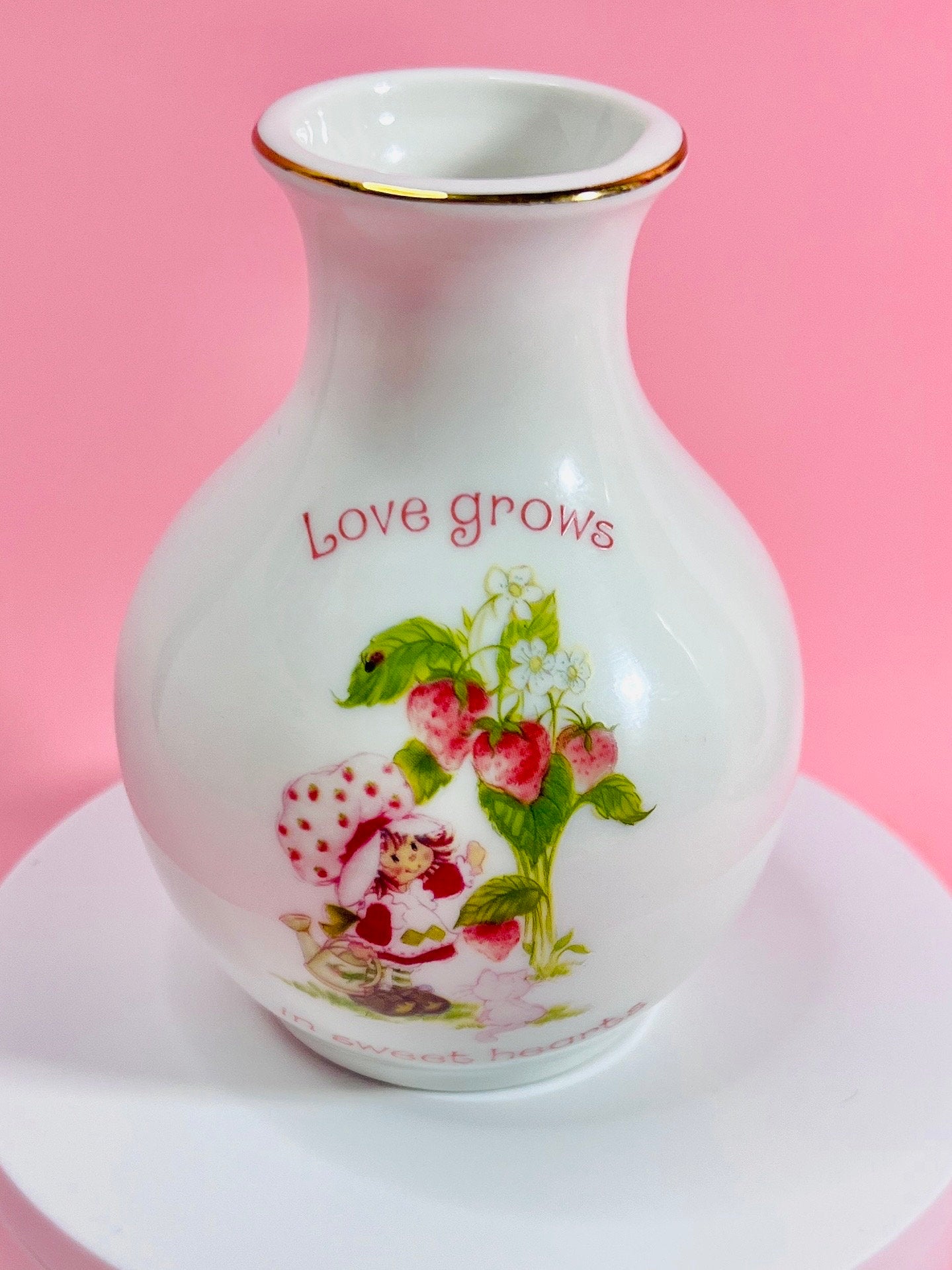 1980 Strawberry Shortcake Fine Porcelain Designer's Collection: Small Vase "Love Grows in Sweet Hearts" Vintage Valentines Collectors Gift - Dolly Magic
