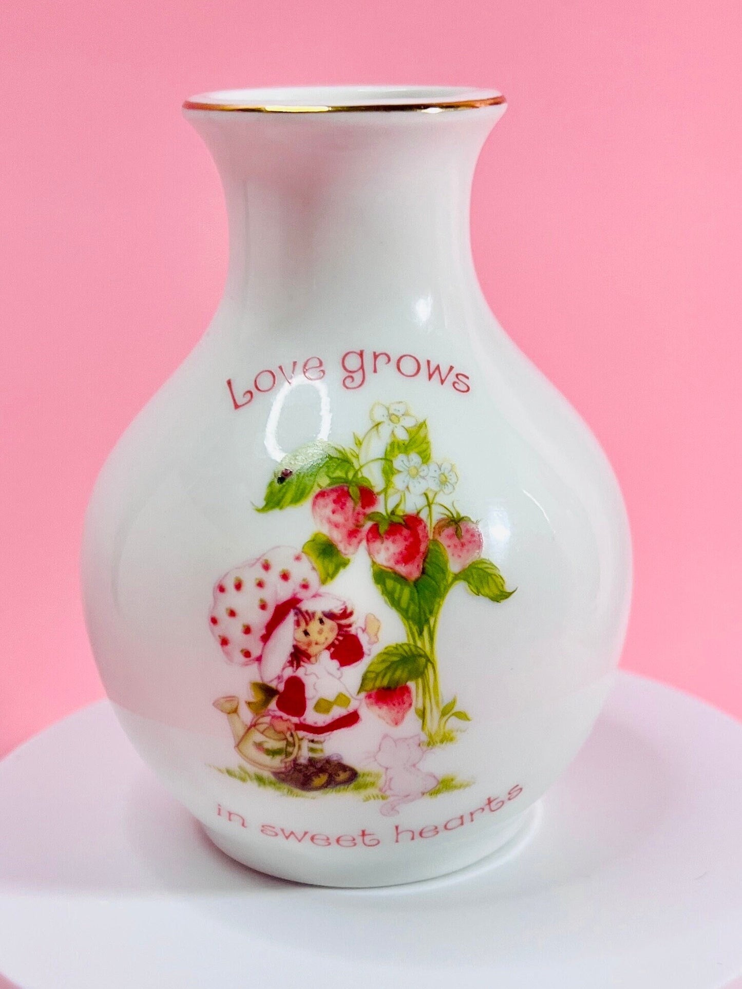 1980 Strawberry Shortcake Fine Porcelain Designer's Collection: Small Vase "Love Grows in Sweet Hearts" Vintage Valentines Collectors Gift - Dolly Magic