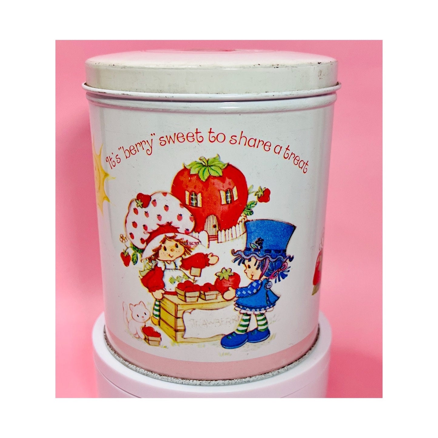 Vintage 1980s Strawberry Shortcake Tin Canister Collectible Retro 80s Kitchen Decor Featuring Strawberry Herself and Friends! - Dolly Magic