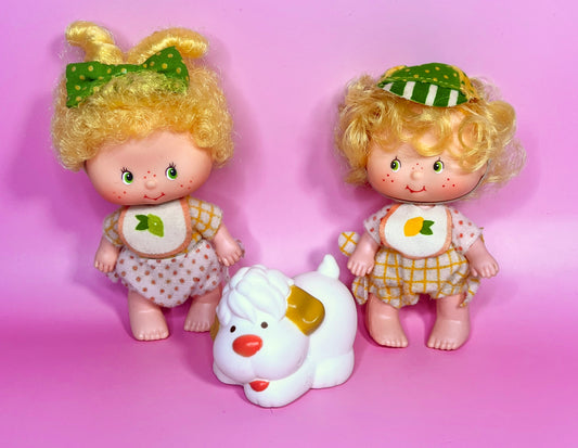 Vintage Lem & Ada doll with pet Sugar Woofer, from the 1980s Strawberry Shortcake Series
