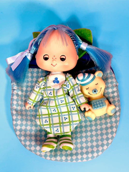 Vintage Blueberry Muffin Sweet Sleeper doll with pet Cheesecake Mouse and Sleeping Bag from the 1980s Strawberry Shortcake Series