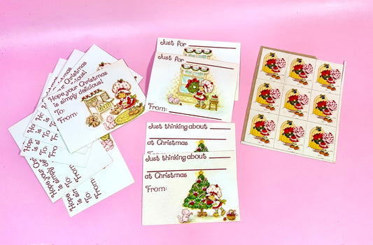 Set of 12 Vintage 1980 Unused Strawberry Shortcake Christmas Mini Gift Card Tags and Stamp/Stickers  from American Greetings