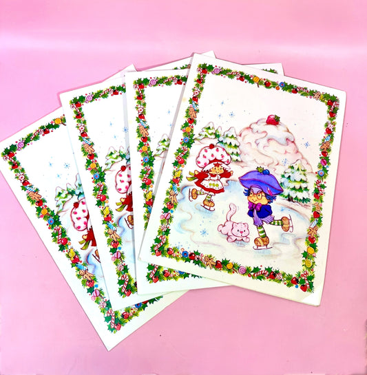Set of 4 Vintage 1981 Strawberry Shortcake Unused Christmas Cards with Skating Scene