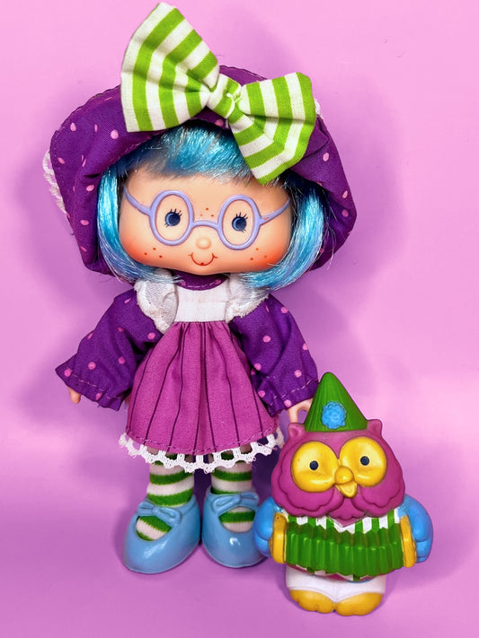 Vintage Plum Pudding Doll with pet Elderberry Owl from the 1980s Strawberry Shortcake Series