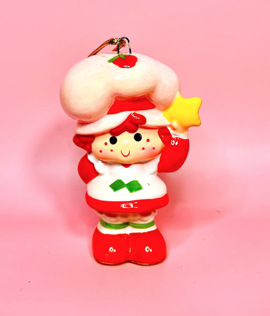Adorno navideño de cerámica vintage de tarta de fresa de 1982: la propia fresa con una estrella