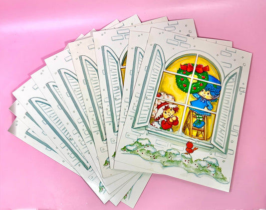 Set of 9 Vintage 1981 Strawberry Shortcake Unused Christmas Cards with Window Scene