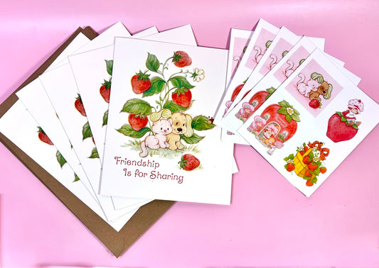 Set of 5 Vintage 1981 Unused Strawberry Shortcake Friendship Greeting Cards & Stickers by American Greetings