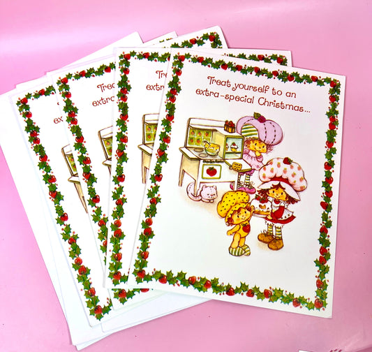 Set of 4 Vintage 1980 Strawberry Shortcake Unused Christmas Cards with Baking Scene
