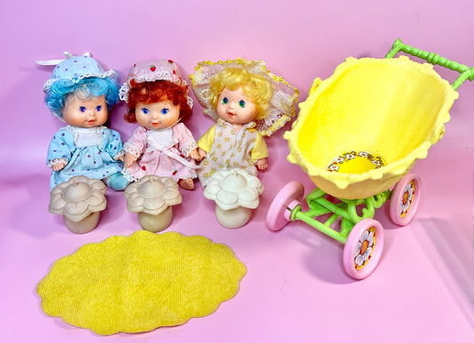 Vintage 1980s Strawberry Shortcake Baby Dolls Drink and Wet Set of 3 with Bottles and Carriage