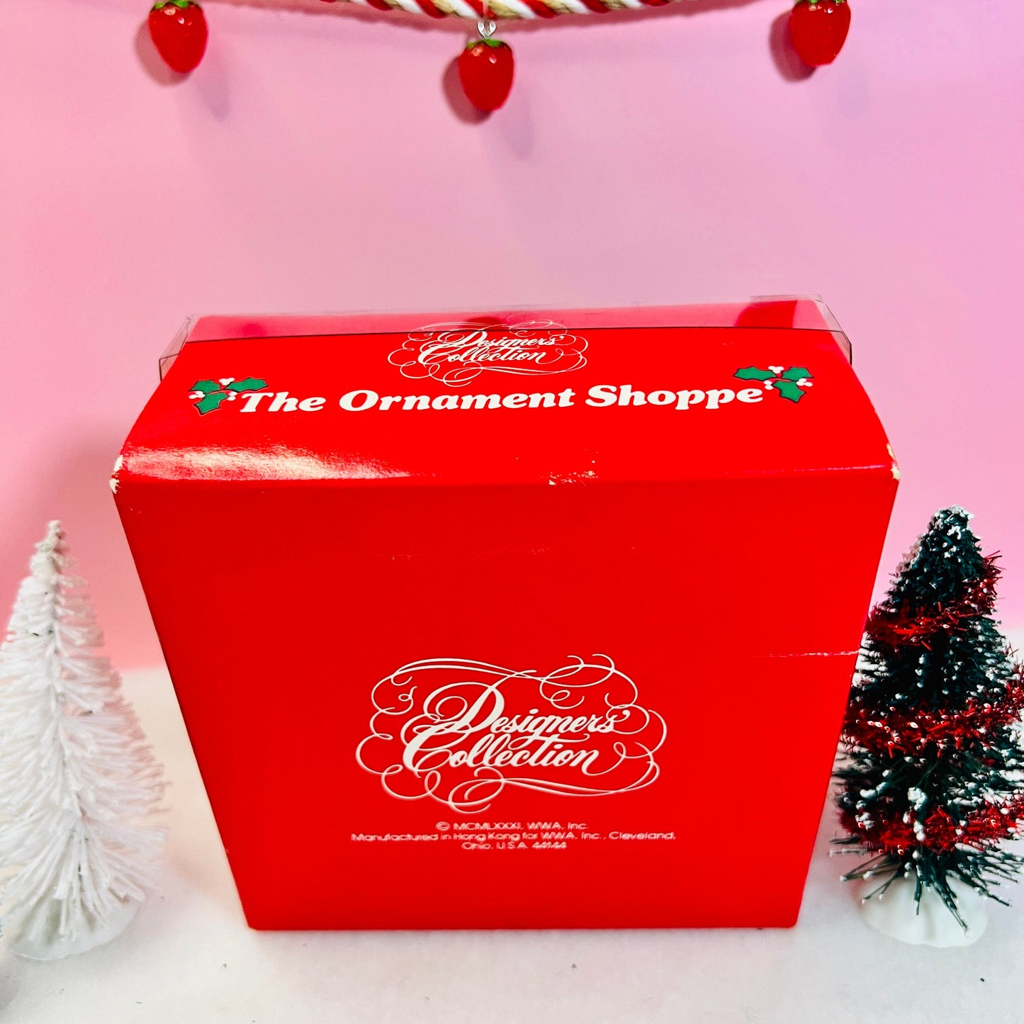 Boxed 1982 Vintage Strawberry Shortcake Ceramic Christmas Ornament: Strawberry Herself with Candy Cane sitting on a Strawberry! - Dolly Magic
