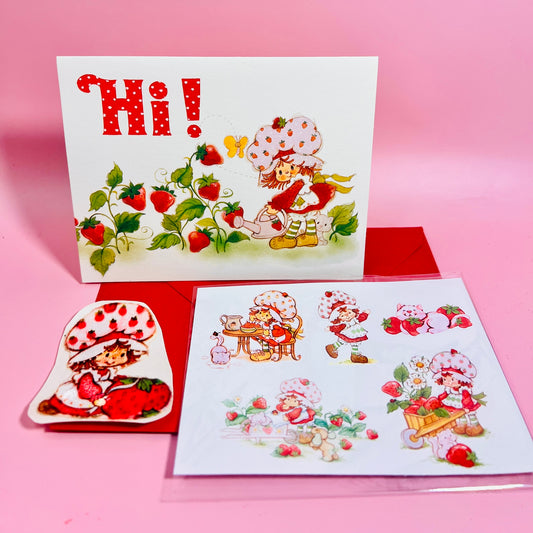 Vintage Strawberry Shortcake Stick On Patch & Stickers with Matching Vintage Card: Strawberry with Big Berry - Dolly Magic
