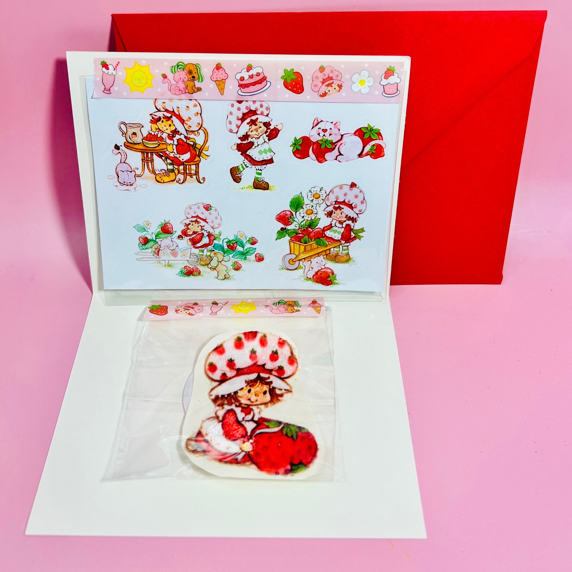 Vintage Strawberry Shortcake Stick On Patch & Stickers with Matching Vintage Card: Strawberry with Big Berry - Dolly Magic