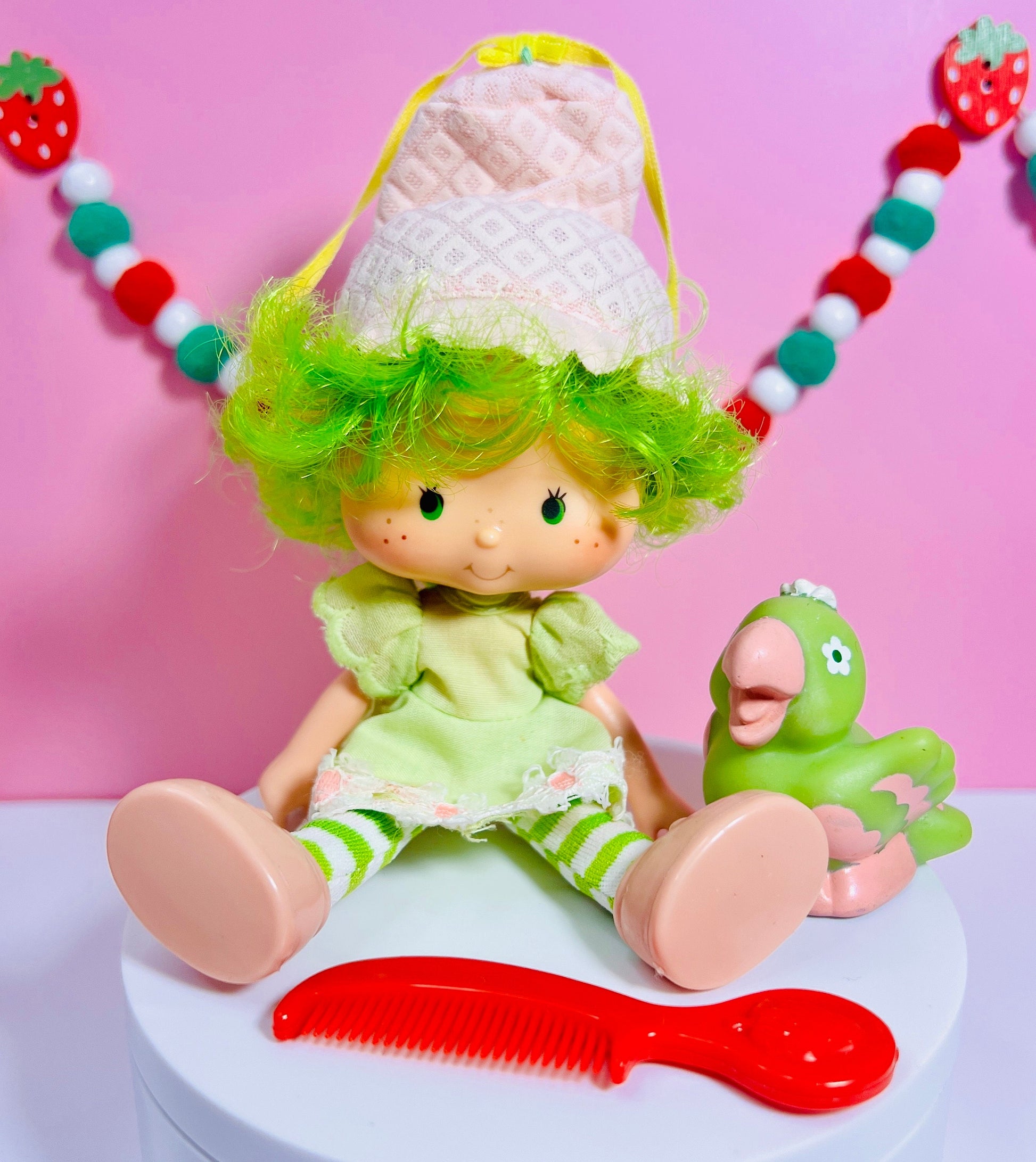 Vintage 1980s Lime Chiffon Strawberry Shortcake doll with her pet Parfait Parrot! Gift Wrap and SCENTED Option Available! - Dolly Magic