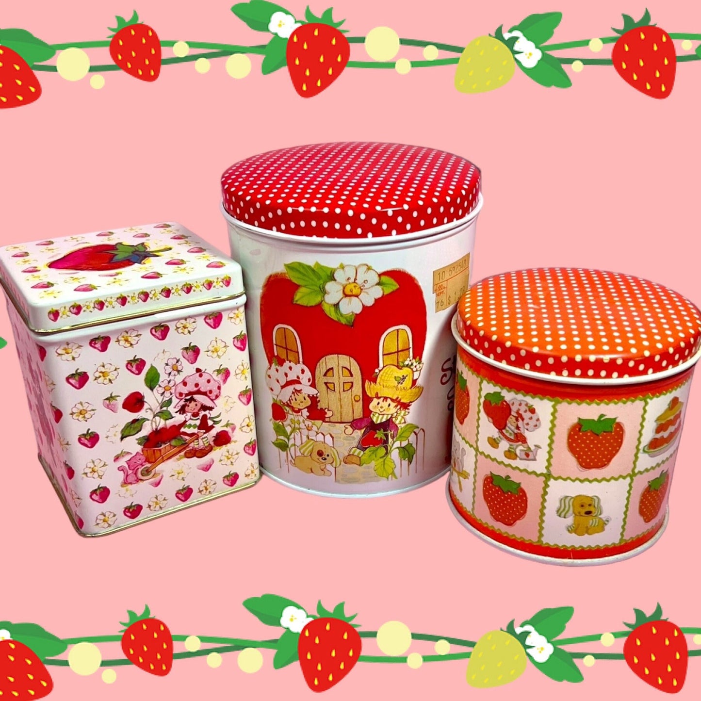 Vintage 1980s Strawberry Shortcake Tin Canister Set including RARE Square Canister
