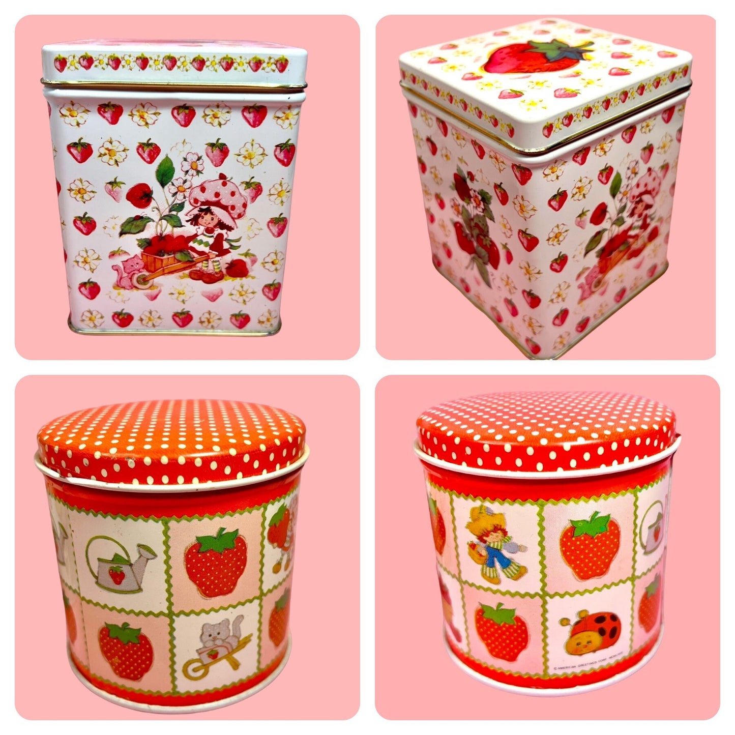 Vintage 1980s Strawberry Shortcake Tin Canister Set including RARE Square Canister