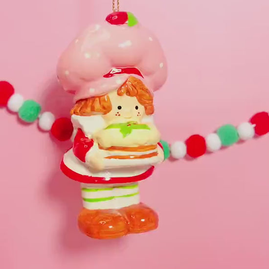 RARE 1982 Vintage Strawberry Shortcake Ceramic Christmas Ornament - Strawberry Herself with a Christmas Cake