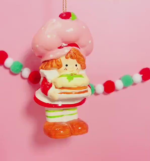 RARE 1982 Vintage Strawberry Shortcake Ceramic Christmas Ornament - Strawberry Herself with a Christmas Cake