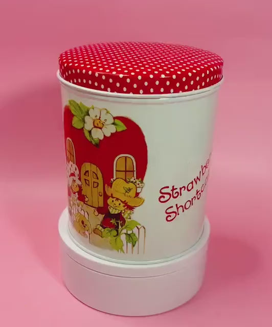 Vintage 1980s Strawberry Shortcake Tin Canister Collectible Retro 80s Kitchen Decor Featuring Strawberry Herself and Friends!  Red polka dot