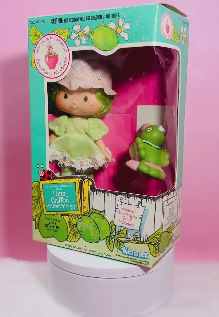 1980s Vintage Lime Chiffon Doll in Box with Pet Parfait Parrot from Strawberry Shortcake! Optional Scent and Gift Wrap!
