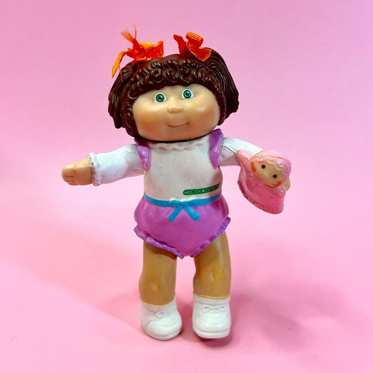 Vintage 1984 Cabbage Patch Kid Poseable 3.5 inch Figurine - Brown Braids with Baby Doll - Dolly Magic