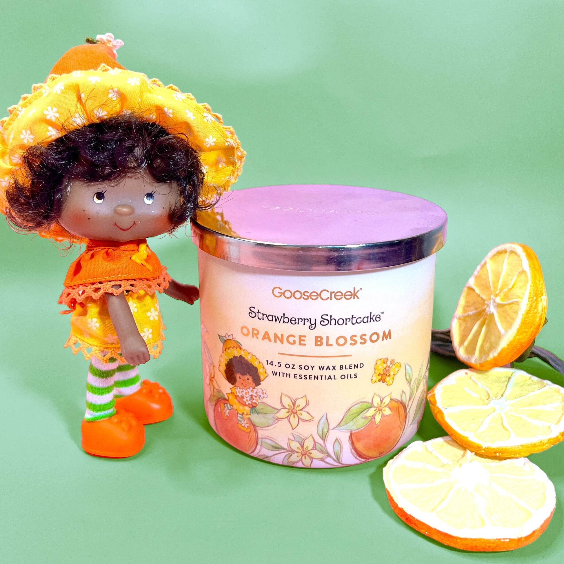 Orange Blossom Set: Goose Creek Orange Blossom Scented Soy Candle with optional Vintage Strawberry Shortcake Doll! - Dolly Magic